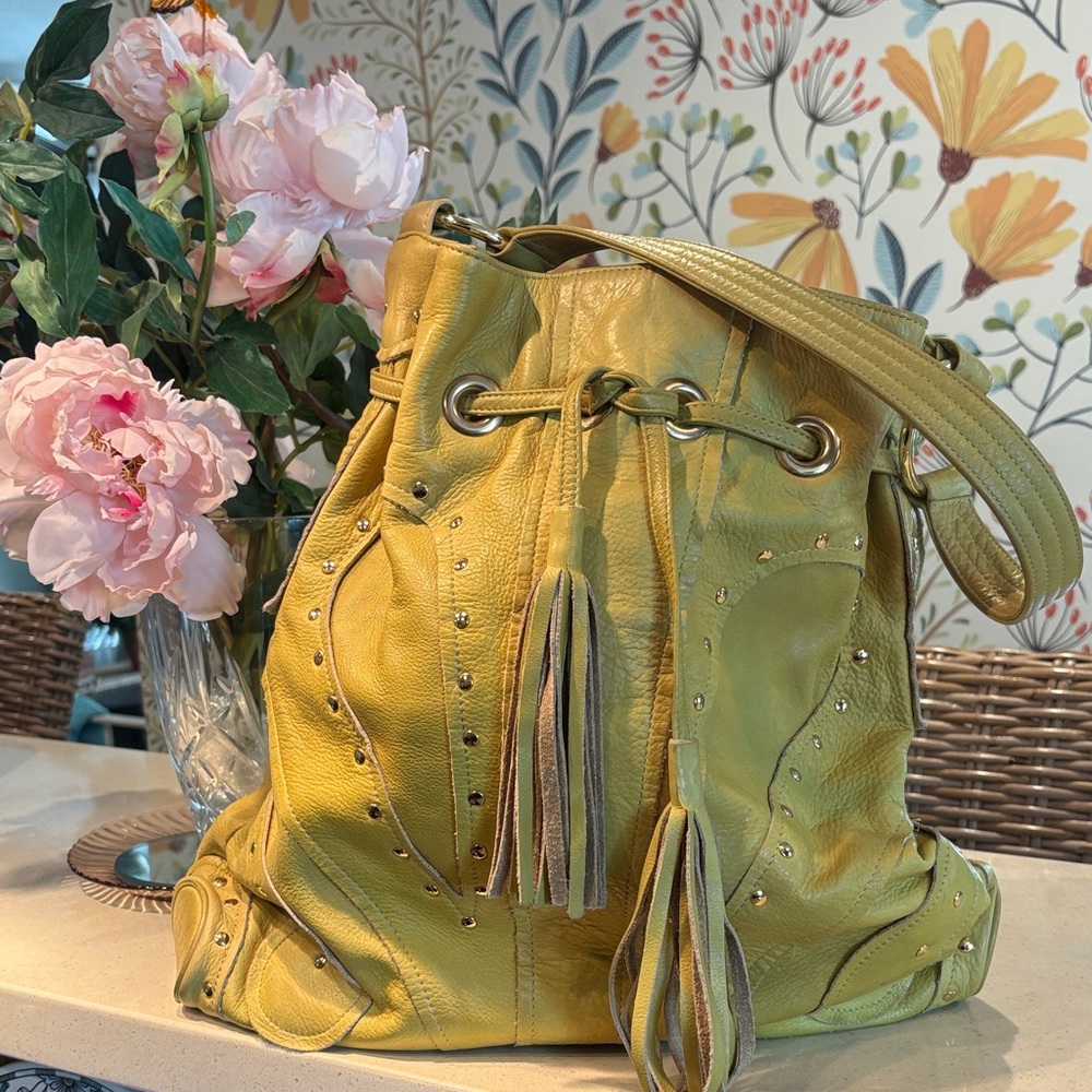 Vintage Y2K Lime Green Bulga “Butterfly” Leather Hobo Bag